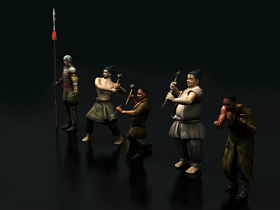 Ancient Soldiers Figurines in Various Poses with Traditional Attire and Weapons 3d model