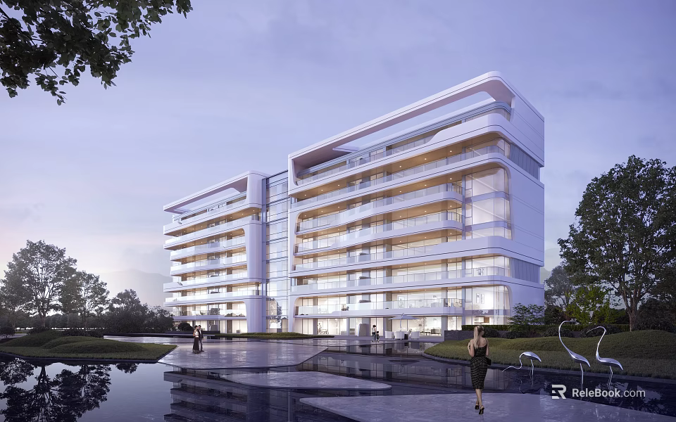 Modern White Building With Glass Facade Landscaped Waterfront Garden And People Walking 3d model 