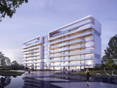 Modern White Building With Glass Facade Landscaped Waterfront Garden And People Walking 3d model