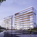 Modern White Building With Glass Facade Landscaped Waterfront Garden And People Walking