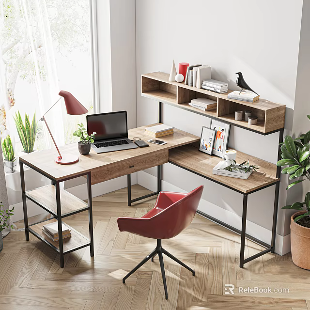 Modern L Shaped Wooden Desk With Red Desk Lamp Laptop Bookshelf And Green Plants 3d model 