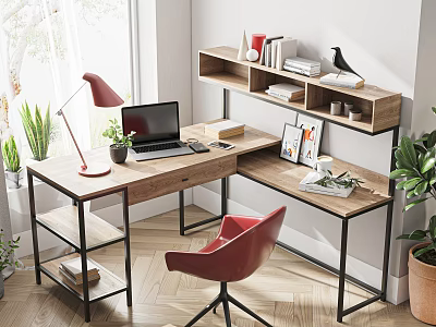 Modern L Shaped Wooden Desk With Red Desk Lamp Laptop Bookshelf And Green Plants 3d model