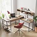 Modern L Shaped Wooden Desk With Red Desk Lamp Laptop Bookshelf And Green Plants