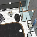 Modern Retail Store Interior With Glass Doors Display Shelves And Dining Area
