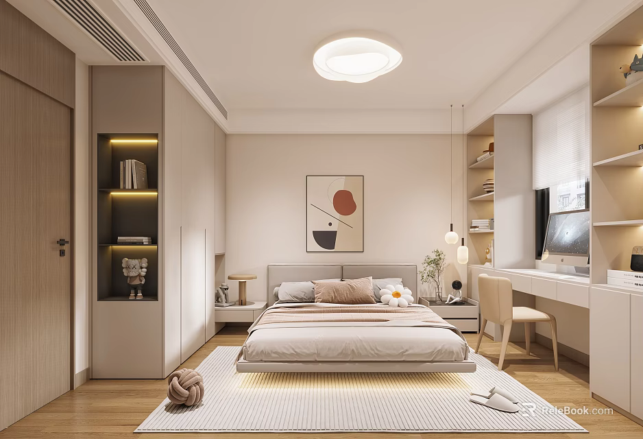Modern Bedroom With Cozy Bed Soft Rug Wall Art Bookshelves And Desk Chair 3d model 