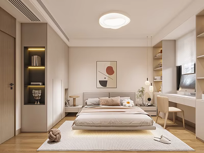 Modern Bedroom With Cozy Bed Soft Rug Wall Art Bookshelves And Desk Chair 3d model
