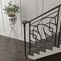 Decorative Iron Staircase Railing With Intricate Scrollwork In Elegant Interior With Sofa And Lamp