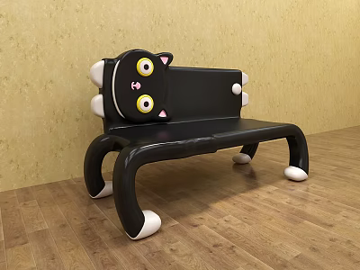 Cute Cartoon Cat Shaped Public Chair With Black Body Yellow Eyes And White Paws 3d model