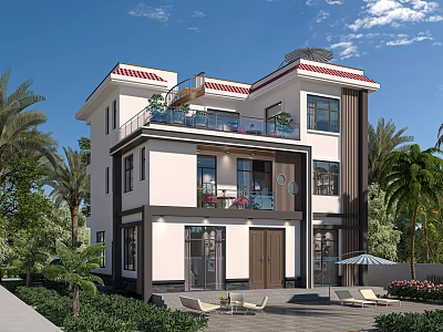 Modern White Exterior Detached Villa With Red Tile Roof Balcony And Palm Tree Garden Courtyard 3d model