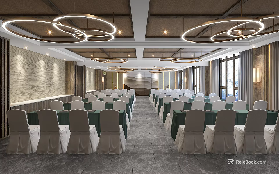Spacious Conference Room With Round Tables Green Tablecloths White Chair Covers And Circular Pendant Lights 3d model 