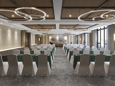 Spacious Conference Room With Round Tables Green Tablecloths White Chair Covers And Circular Pendant Lights 3d model