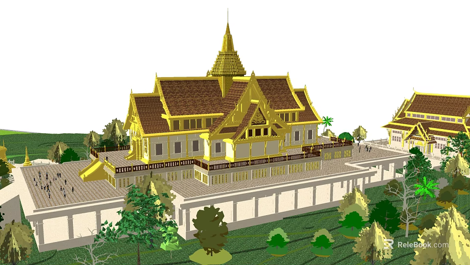 Traditional Ancient Southeast Asian Architecture With Golden Spire Roof Stone Wall And Trees 3d model 