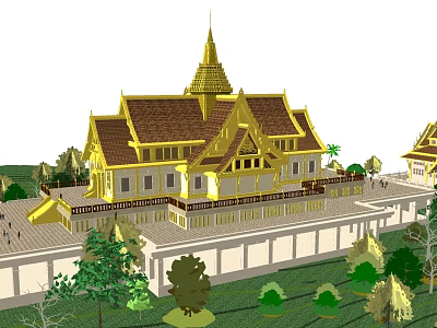 Traditional Ancient Southeast Asian Architecture With Golden Spire Roof Stone Wall And Trees 3d model