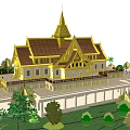 Traditional Ancient Southeast Asian Architecture With Golden Spire Roof Stone Wall And Trees
