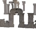 Intricately Carved Stone Architectural Elements By Seaside With Calm Water And Cloudy Sky