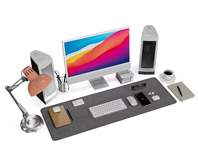 Complete Desktop Computer Setup Featuring Monitor Keyboard Mouse Tower Desk Lamp And Coffee Cup 3d model