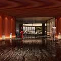 Elegant Hotel Lobby Interior With Circular Wooden Ceiling And Central Green Plant
