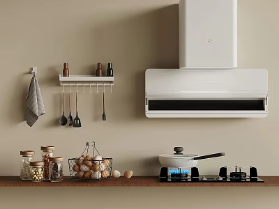 Modern Minimalist Kitchen Interior With Range Hood Gas Stove And Cooking Appliances 3d model