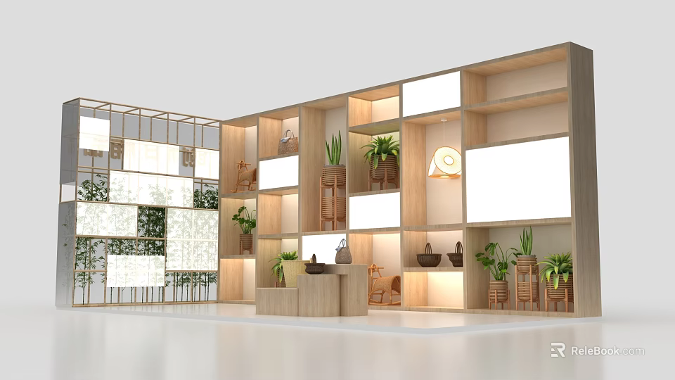 Wooden Display Shelves with Potted Plants and Decorative Items Under Warm Lighting in Modern Showcase 3d model 