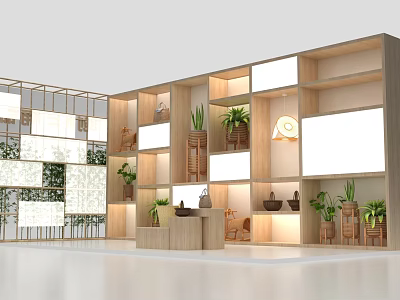 Wooden Display Shelves with Potted Plants and Decorative Items Under Warm Lighting in Modern Showcase 3d model