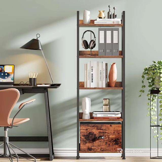 Modern Bookshelf with Wooden Shelves Metal Frame Books Binders Headphones and Vase in Home Office 3d model 