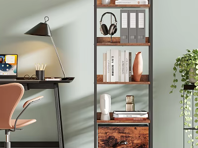 Modern Bookshelf with Wooden Shelves Metal Frame Books Binders Headphones and Vase in Home Office 3d model