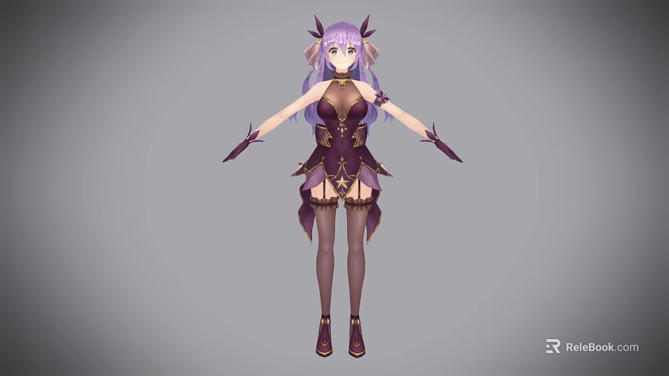 Fantasy Game and Movie Character With Purple Long Hair Horns Purple Gold Outfit Long Gloves 3d model 