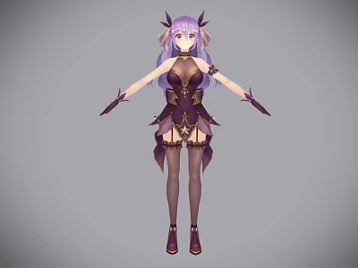 Fantasy Game and Movie Character With Purple Long Hair Horns Purple Gold Outfit Long Gloves 3d model