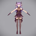Fantasy Game and Movie Character With Purple Long Hair Horns Purple Gold Outfit Long Gloves
