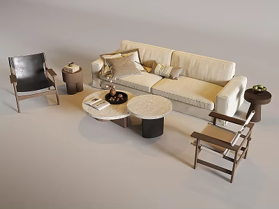 Elegant Cream Sofa And Coffee Table Set With Decorative Pillows And Accent Chairs 3d model