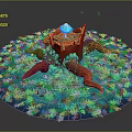 Natural Scene with Orange Tree Stump Blue Sphere Red Roots and Lush Green Grassy Surroundings