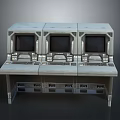Grey Metal Control Consoles with Three Screens Buttons and Keyboards in Long Strip Design