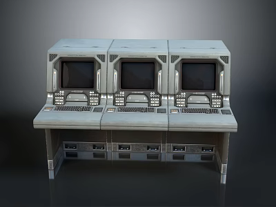 Grey Metal Control Consoles with Three Screens Buttons and Keyboards in Long Strip Design 3d model