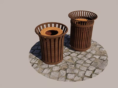 Two Public Trash Cans on Cobblestone Pavement with Metal Slatted Design 3d model