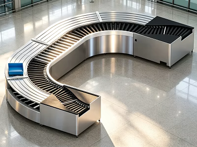 Airport Baggage Handling Conveyor Belt System With Curved Design And Metallic Structure 3d model
