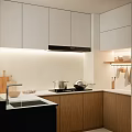 Modern Kitchen Interior With White Upper Cabinets Wooden Lower Cabinets Range Hood And Cooktop