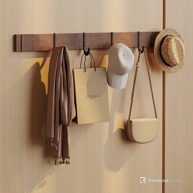 Wooden Hook Rack With Scarf Shopping Bag Cap Straw Hat And Crossbody Bag 3d model 