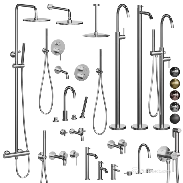Assorted Bathroom And Kitchen Faucet Fixtures With Shower Components And Handles 3d model 