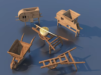Traditional Wooden Household Tools Including Wheelbarrows Storage Racks And Carts 3d model