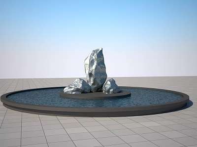 Stylish Garden Ornament Featuring Circular Pool With Silver Stones Water And Tile Floor 3d model