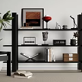 Black Modern Shelving Unit with Books Red Vase Sculpture and Decorative Items in Living Room