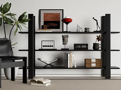 Black Modern Shelving Unit with Books Red Vase Sculpture and Decorative Items in Living Room 3d model