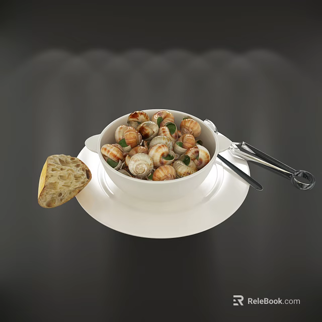 Delicious Garlic Butter Snails in White Bowl with Fresh Herbs Crusty Bread and Metal Tongs 3d model 