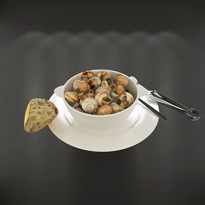 Delicious Garlic Butter Snails in White Bowl with Fresh Herbs Crusty Bread and Metal Tongs 3d model