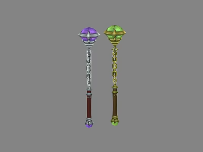 Decorative Magic Staffs With Purple And Green Orb Tops And Intricate Designs 3d model