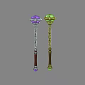Decorative Magic Staffs With Purple And Green Orb Tops And Intricate Designs
