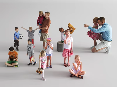 Happy Adults and Children Interacting Playing with Teddy Bear Soccer Ball and Sitting Together 3d model