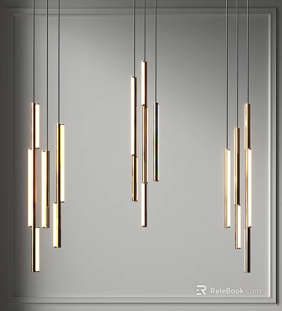 Modern Linear Pendant Lights With Metallic Design Hanging In Contemporary Interior Space 3d model 
