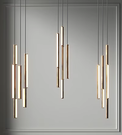 Modern Linear Pendant Lights With Metallic Design Hanging In Contemporary Interior Space 3d model