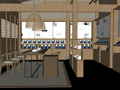 Wooden Retail Store Interior With Woven Pendant Lights Glass Display Cabinets And Blue Box Shelves 3d model